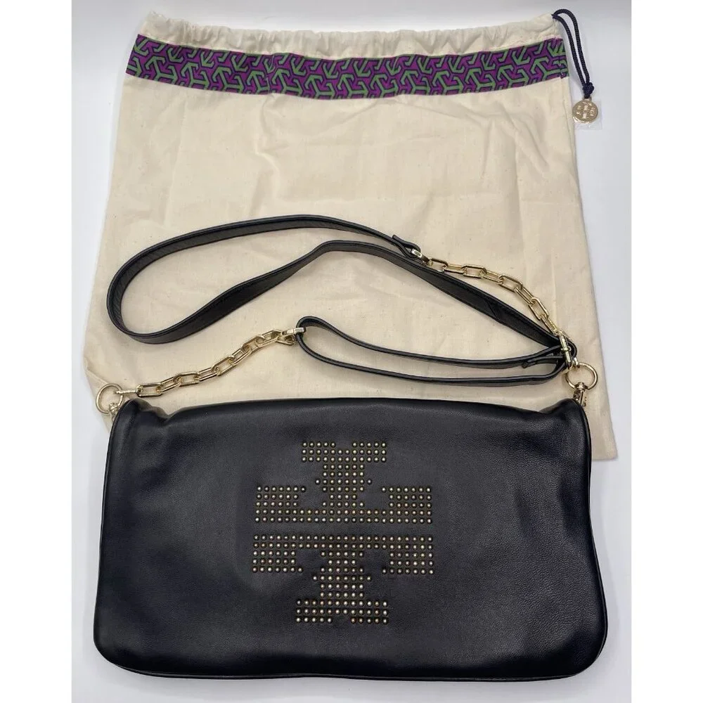 Tory Burch Crossbody Womens Bag‎ Purse Black Hold Chain Studded With Dust Bag